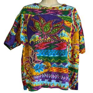 Vtg Sandy Starkman L Beaded Studded Multicolor T-Shirt Rainbow Artsy Statement